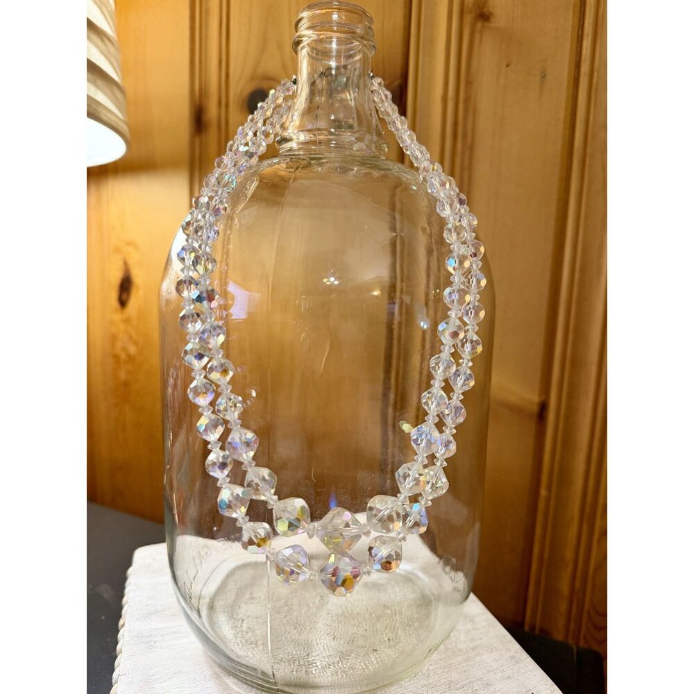 Vintage 1950s Aurora Borealis Double Strand Graduated Crystal Bead Necklace